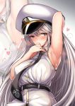  arm_up armpits azur_lane blush breasts collared_shirt commentary_request embarrassed enterprise_(azur_lane) eyebrows_visible_through_hair hat heart large_breasts long_hair necktie peaked_cap purple_eyes shirt silver_hair sleeveless sleeveless_shirt solo sweat tobimura underbust white_hat 