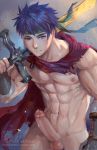  1boy abs blue_hair erection fire_emblem ike male_focus penis reddverse solo sword weapon 