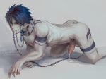  1boy blue_hair collar crawling cum dramatical_murder leash male_focus nude penis pet reddverse solo tattoo 