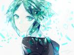  androgynous expressionless gem_uniform_(houseki_no_kuni) green_eyes green_hair houseki_no_kuni looking_at_viewer looking_back matsunaka_hiro phosphophyllite puffy_short_sleeves puffy_sleeves shards short_sleeves solo white_background 