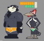  anthro arcarc avian badger bird bulge clothing crew_(anti_dev) duo male mammal marcus muscular mustelid nipples standing underwear 
