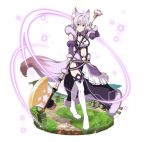  animal_ears boots breasts cleavage detached_sleeves faux_figurine fox_ears fox_tail full_body hair_between_eyes holding holding_weapon long_hair looking_at_viewer medium_breasts midriff mole mole_on_breast navel official_art poleaxe purple_eyes purple_hair simple_background smile solo standing stomach strea sword_art_online sword_art_online:_code_register tail thigh_boots thighhighs weapon white_background white_footwear wrist_cuffs 