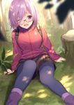  ;d alternate_costume arms_at_sides backpack bag black-framed_eyewear blurry blurry_foreground blush boots brown_shorts commentary_request day depth_of_field eyes_visible_through_hair fate/grand_order fate_(series) feet_out_of_frame flower forest glasses hair_flower hair_ornament haru_(hiyori-kohal) jacket light_rays long_sleeves looking_at_viewer mash_kyrielight nature on_ground one_eye_closed open_mouth outdoors pantyhose pantyhose_under_shorts pink_hair purple_eyes purple_footwear purple_legwear red_jacket shiny shiny_hair short_hair shorts sitting smile solo sunbeam sunlight tree_stump 