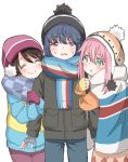  :t ^_^ arm_hug beanie blue_hair brown_hair closed_eyes double_arm_hug fingerless_gloves girl_sandwich gloves hat hatopoo_(beach7pijon) jacket jealous kagamihara_nadeshiko long_hair multiple_girls pink_hair pout saitou_ena sandwiched scarf shima_rin short_hair simple_background smile sweatdrop wavy_mouth yurucamp 