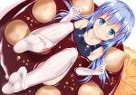  blue_eyes blue_hair elbow_gloves eyebrows_visible_through_hair feet food from_above gloves gochuumon_wa_usagi_desu_ka? hair_ornament highres in_food kafuu_chino long_hair looking_at_viewer minigirl naka no_shoes one-piece_swimsuit partially_submerged school_swimsuit shiny shiny_clothes soles solo swimsuit thighhighs 