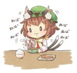  1girl :3 animal_ears bowl brown_hair cat_ears cat_tail chen chopsticks food green_hat hat ibaraki_natou jewelry long_sleeves mob_cap multiple_tails nattou nekomata rice_bowl short_hair single_earring solo stirring tail touhou two_tails 