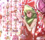  bare_arms blurry bow commentary_request dress frilled_bow frills front_ponytail green_hair hair_bow highres kagiyama_hina long_hair namatyaba open_mouth red_bow red_dress red_eyes sleeveless sleeveless_dress solo touhou upper_body very_long_hair 