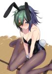  animal_ears between_legs black_leotard blue_eyes blush breasts bunny_ears bunny_tail bunnysuit cleavage closed_mouth collarbone commentary_request embarrassed eyepatch fake_animal_ears fake_tail gloves green_hair grey_gloves hand_between_legs highres kantai_collection kiso_(kantai_collection) leotard masukuza_j medium_breasts nose_blush pantyhose remodel_(kantai_collection) short_hair sitting solo tail wariza wrist_cuffs 