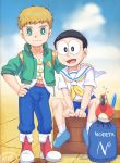  2boys black_hair blonde_hair blue_eyes blush doraemon flock glasses male_focus multiple_boys nobi_nobita shota smile takeru33 