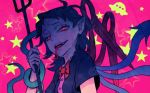  ahoge asymmetrical_wings black_hair fangs forked_tongue glowing glowing_eyes houjuu_nue looking_at_viewer meimaru_inuchiyo pink_background pointy_ears polearm red_eyes short_hair slit_pupils snake solo star tongue tongue_out touhou trident weapon wings 