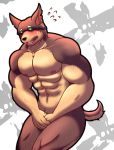  anthro blush canine covering covering_crotch covering_self doberman dog eyewear glowing glowing_eyes iriai_inasa looking_at_viewer male mammal muscular muscular_male navel nipples nude solo standing sunglasses sweat tokyo_afterschool_summoners xolotl 