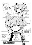  1girl 2koma :d bangs benghuai_xueyuan bow bowtie bronya_zaychik collarbone comic commentary crossed_bangs drill_hair english english_commentary eyebrows_visible_through_hair fingerless_gloves gloves greyscale hair_between_eyes hair_ribbon hand_up highres holding holding_panties honkai_impact index_finger_raised looking_at_another military military_uniform monochrome open_mouth out_of_frame panties ribbon sheita short_hair sidelocks simple_background sleeveless smile solo_focus speech_bubble talking twin_drills twintails underwear uniform upper_body white_background 