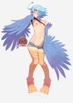  absurdres bandeau bandeau_lift blue_hair blue_wings breasts brown_eyes commentary feathered_wings full_body harpy highres knees_together_feet_apart looking_at_viewer monster_girl monster_musume_no_iru_nichijou navel nipples papi_(monster_musume) pussy shirt_lift short_hair shorts shorts_pull small_breasts solo stomach sunna_(nilsunna) talons undressing winged_arms wings 