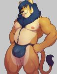  blue_hair body_hair bulge clothing feline fur hair happy_trail jockstrap knuxlight lion male mammal musclegut muscular muscular_male nipples overweight tendaji thick_thighs underwear yellow_fur 