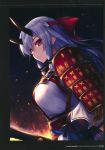  absurdres armor artist_name bangs embers eyebrows_visible_through_hair fate/grand_order fate_(series) fire fukai_ryousuke hair_between_eyes hair_ribbon headband highres horns japanese_armor japanese_clothes katana kimono long_hair looking_to_the_side night oni_horns outdoors page_number parted_lips red_eyes red_ribbon ribbon scan shoulder_armor sidelocks silver_hair slit_pupils solo sword tomoe_gozen_(fate/grand_order) weapon 