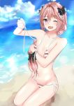  :d absurdres arms_up astolfo_(fate) bangs bare_arms bare_shoulders bikini black_bow blue_sky blush bow braid cloud cloudy_sky collarbone commentary_request day degu_guke eyebrows_visible_through_hair fang fate/apocrypha fate_(series) flat_chest groin hair_between_eyes hair_bow hair_intakes heart heart-shaped_pupils highres light_rays long_hair looking_at_viewer male_focus multicolored_hair navel ocean one_eye_closed open_mouth otoko_no_ko outdoors pink_hair purple_eyes seiza side-tie_bikini single_braid sitting sky smile solo streaked_hair striped striped_bikini sunbeam sunlight swimsuit symbol-shaped_pupils wardrobe_malfunction white_bikini white_hair 