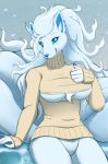  alolan_ninetales anthro blue_eyes blush breasts canine chest_tuft clothing eternity_zinogre female fur hair long_hair looking_at_viewer mammal nintendo pok&eacute;mon pok&eacute;mon_(species) regional_variant smile solo sweater tuft video_games 