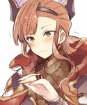  blush brown_hair commentary_request eyebrows_visible_through_hair granblue_fantasy green_eyes hair_ornament hairband hood jewelry nozomu144 ring shaking song_(granblue_fantasy) wavy_hair wavy_mouth white_background 