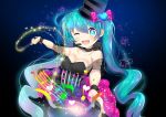  ;d bare_shoulders beamed_eighth_notes black_dress black_hat blue_eyes blue_hair blush bow breasts collarbone commentary_request dress eighth_note hair_bow hat hat_removed hatsune_miku head_tilt headwear_removed heart holding holding_hat holding_wand long_hair musical_note one_eye_closed open_mouth outstretched_arm pink_bow quarter_note small_breasts smile solo sparkle star suzuki_moeko top_hat twintails upper_teeth very_long_hair vocaloid wand 