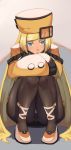  absurdly_long_hair blonde_hair blue_eyes dress guilty_gear guilty_gear_xrd hat highres long_hair millia_rage orange_hat pantyhose squatting suwaiya very_long_hair wide_sleeves 