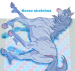  2016 ambiguous_gender anus blue_eyes butt ear_piercing english_text equine feral fur grey_fur grey_hair hair hooves horse isaki lying mammal on_side perineum piercing solo text underhoof 