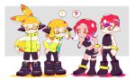  0108poke_f_u 2boys 2girls ? black_footwear blonde_hair boots commentary_request denchinamazu hand_on_hip hand_on_own_face highres inkling leaning_forward midriff multiple_boys multiple_girls navel octarian octoling pink_hair pointy_ears smile splatoon_(series) splatoon_2 spoken_exclamation_mark spoken_question_mark squidbeak_splatoon tentacle_hair thigh_strap wristband yellow_eyes 