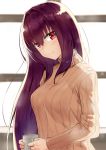  blush cup fate/grand_order fate_(series) hair_intakes highres holding holding_cup light_smile long_hair looking_at_viewer m_kong mug purple_hair red_eyes ribbed_sweater scathach_(fate)_(all) scathach_(fate/grand_order) sweater very_long_hair window 