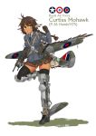  1girl ahoge black_legwear boots braid brown_eyes brown_hair character_name dakku_(ogitsune) dark_skin dated full_body head_wings highres holding holding_weapon jacket looking_at_viewer mecha_musume neckerchief original p-36_hawk personification plaid plaid_skirt pleated_skirt skirt solo tail thigh_boots thighhighs weapon 