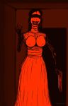  anthro big_breasts blindfold breasts clothing doorway dress female gore grin humanoid inviting long_dress looking_at_viewer monochrome monster monster_girl_(genre) monstrous_humanoid nightmare_fuel nipples nude slit_throat smile stoopedhooy tall teeth torn_clothing torn_topwear undead 