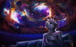  2018 anthro blonde_hair brown_eyes canine detailed_background digital_media_(artwork) eyelashes fur grey_fur grey_nose hair lukiri mammal night sitting sky smile solo star starry_sky 