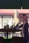  :d arm_support astolfo_(fate) awning bangs black_bow black_legwear black_skirt bow braid cafe character_request collarbone commentary_request crop_top cup day drinking_glass drinking_straw english fang fate/apocrypha fate_(series) fence from_side groin hair_between_eyes hair_bow hair_intakes hand_up head_out_of_frame highres hood hood_down hooded_jacket jacket long_hair long_sleeves looking_at_another male_focus menu_board miniskirt multicolored_hair navel on_chair open_clothes open_jacket open_mouth otoko_no_ko outdoors pantyhose pink_hair purple_eyes purple_jacket round_table shade shirt shop signature single_braid sitting skirt smile solo_focus stomach streaked_hair striped striped_shirt table v-neck white_hair yuritopia 