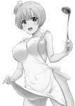  apron bangs bare_arms blush breasts covered_nipples eyebrows_visible_through_hair greyscale hair_bun highres inanaki_shiki ladle looking_at_viewer monochrome naked_apron open_mouth pulled_by_self short_hair simple_background solo standing thighs white_background yahari_ore_no_seishun_lovecome_wa_machigatteiru. yuigahama_yui 