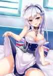  :d apron arm_support azur_lane bare_shoulders bed bed_invitation bed_sheet belfast_(azur_lane) blue_eyes blue_skirt blush braid breasts chain cleavage collar corset eyebrows_visible_through_hair french_braid frilled_apron frilled_skirt frills head_tilt highres indoors large_breasts leaning_back lifted_by_self long_hair looking_at_viewer maid_headdress on_bed open_mouth oshishio pillow shiny shiny_hair silver_hair sitting skirt skirt_lift smile solo spread_legs thighs union_jack very_long_hair waist_apron window 