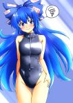  black_swimsuit blue_eyes blue_hair blush bow breasts competition_swimsuit d-m_(dii_emu) front_zipper_swimsuit hair_bow highres long_hair looking_at_viewer meme_attire one-piece_swimsuit small_breasts smile solo spoken_squiggle squiggle swimsuit touhou yorigami_shion 