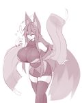  :3 ^_^ animal_ear_fluff animal_ears bare_shoulders breasts closed_eyes commentary detached_sleeves fox_ears fox_shadow_puppet fox_tail greyscale hair_between_eyes hair_ornament hairclip heart highres huge_breasts japanese_clothes kiri_(sub-res) leaning_forward long_hair monochrome notched_ear original parted_lips sketch smile solo sub-res tail thighhighs wide_sleeves 