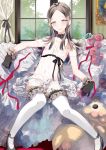  1boy bulge crossdressing erection erection_under_clothes frills gloves long_hair matashita_kintama original rose sitting solo thighhighs trap white_legwear window 