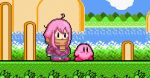  ahoge blush coat commentary inumaru86 kagamihara_nadeshiko kirby kirby_(series) long_hair pink pink_hair pixel_art red_footwear scarf trait_connection yurucamp |_| 