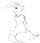  2018 anthro blush butt cervine clothed clothing deer disney dotkwa female greyscale hat hooves looking_at_viewer looking_back mammal monochrome open_mouth rear_view rella_(chillyjackal) simple_background sitting solo white_background zootopia 