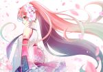  cherry_blossoms commentary_request detached_sleeves floating_hair flower from_side hair_flower hair_ornament hatsune_miku long_hair looking_at_viewer mamo_(fortune-mm) necktie number_tattoo petals pink_eyes pink_hair sakura_miku solo tattoo twintails very_long_hair vocaloid 