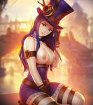  between_legs blue_eyes breasts caitlyn_(league_of_legends) closed_mouth downscaled gumroad_reward hand_between_legs hat highres image_sample large_breasts league_of_legends long_hair looking_at_viewer nipples paid_reward pink_lady_mage resized seiza sitting smile 