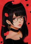  artist_name bangs black_hair blunt_bangs choker close-up earrings face glasses green_eyes jewelry lips long_hair looking_at_viewer looking_to_the_side magion02 original parted_lips petals profile red_lips solo teeth 
