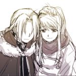  1girl bangs braid coat earrings edward_elric expressionless eyebrows_visible_through_hair fullmetal_alchemist gloves greyscale hand_on_another's_head jewelry long_hair looking_down monochrome ponytail scarf simple_background smile tsukuda0310 white_background winry_rockbell 