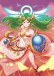  bare_shoulders breasts dress goddess green_eyes green_hair highres jewelry kid_icarus kid_icarus_uprising legs long_hair looking_at_viewer medium_breasts necklace nintendo palutena shield simple_background solo spoilers standing super_smash_bros. super_smash_bros._ultimate tiara very_long_hair wings yukigi 