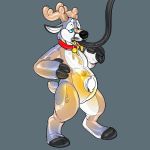  2017 animate_inanimate anthro antlers belly black_nose blue_eyes cervine collar deer digital_drawing_(artwork) digital_media_(artwork) feeding_tube hooves horn inflatable inflation internal jaiy living_inflatable male mammal markings neltruin nozzle nude open_mouth pool_toy red_collar rubber shiny simple_background solo standing 