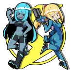  ass blonde_hair blue_eyes blue_hair bodysuit breasts dark_samus iriomote_umineko long_hair metroid metroid_prime multiple_girls nintendo ponytail samus_aran shorts simple_background smile sports_bra super_smash_bros. super_smash_bros._ultimate weapon zero_suit 