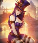  between_legs blue_eyes breasts caitlyn_(league_of_legends) cleavage closed_mouth downscaled hand_between_legs hat highres image_sample large_breasts league_of_legends long_hair looking_at_viewer pink_lady_mage resized seiza sitting smile 