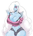  anahita_(monster_girl_gamu) big_breasts blush breasts bulge cleavage clothed clothing dickgirl goo_creature hair hair_over_eye hi_res huge_breasts humanoid intersex lil-yellow-kirby monster_girl_gamu not_furry pink_eyes simple_background solo white_hair 