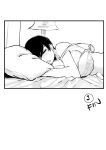  1koma bra breasts closed_eyes comic greyscale hair_over_one_eye highres lamp large_breasts lying monochrome norman_maggot ol-chan_(norman_maggot) on_bed original pillow short_hair sleeping solo underwear underwear_only 
