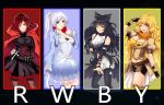  ahoge alternate_breast_size arms_behind_back black_bow black_dress black_hair black_legwear blake_belladonna blonde_hair blue_dress blue_eyes boots bow breasts breasts_apart brown_legwear cape capelet cleavage collarbone contrapposto copyright_name dress eyebrows_visible_through_hair floating_hair frilled_boots frills garter_straps grey_background grey_eyes hair_bow head_tilt high_ponytail highres jewelry large_breasts long_hair looking_at_viewer medium_breasts midriff multiple_girls necklace only_haruka pantyhose parted_lips purple_eyes red_cape red_hair ruby_rose rwby scar scar_across_eye short_dress short_hair shorts silver_hair simple_background standing stomach thighhighs very_long_hair weiss_schnee white_shorts yang_xiao_long yellow_eyes 