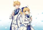  1girl ;d ahoge arm_at_side arthur_pendragon_(fate) artist_name artoria_pendragon_(all) blonde_hair blue_background blue_bow blue_neckwear blush bow closed_mouth coat collared_shirt fate/grand_order fate_(series) flower formal gradient gradient_background green_eyes hair_bow head_tilt holding holding_flower jacket long_hair long_sleeves look-alike looking_at_viewer necktie nyanya one_eye_closed open_clothes open_coat open_jacket open_mouth pants petals rose saber shiny shiny_hair shirt signature smile striped striped_shirt suit twitter_username unbuttoned vertical-striped_shirt vertical_stripes white_coat white_flower white_jacket white_pants white_rose white_rose_(fate/grand_order) wing_collar 